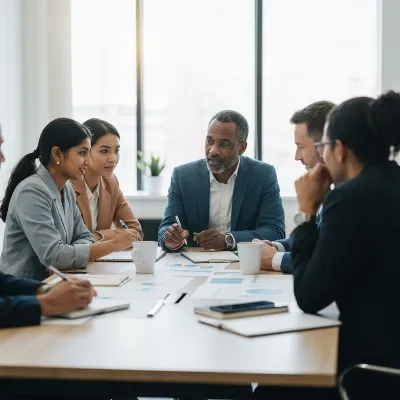 Team discussing SEO strategies around a modern table