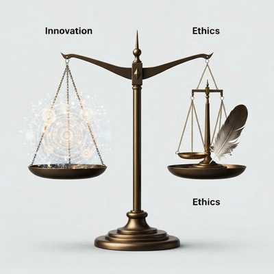 Conceptual image showing a balanced scale with 'Innovation' on one side and 'Ethics' on the other, representing the balance in predictive SEO