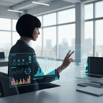 Modern professional analyzing AI-driven data on a transparent screen in an office setting