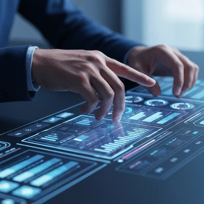 Hands interacting with a futuristic AI interface displaying SEO metrics