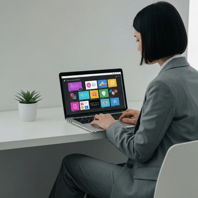 Person working on a laptop with AI-generated content suggestions on screen, professional setting, no text, no words, no typography, clean image