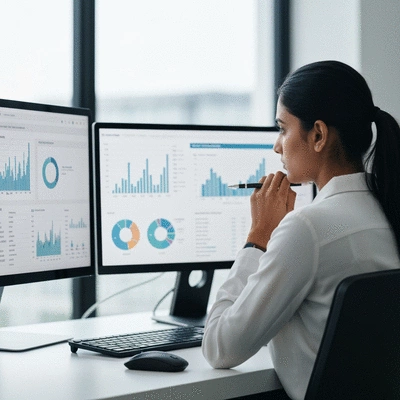 Person analyzing SEO data on multiple screens, showing charts and graphs. Professional setting, focused, clean image.