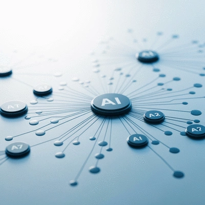 Abstract representation of AI technologies analyzing data for search, no text, no words, no typography, clean image