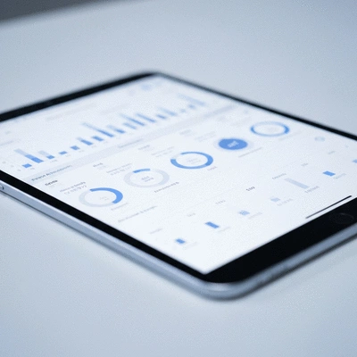 Data analytics dashboard showing AI-driven insights on a tablet, clean modern interface, no text, no words, no typography, clean image
