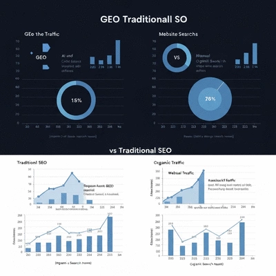 Visual representation of GEO and Traditional SEO differences, highlighting data, algorithms, and user intent