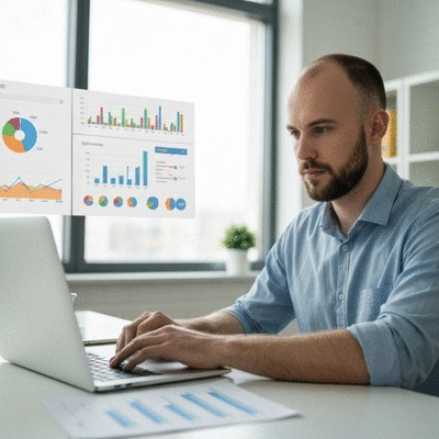 Person analyzing SEO metrics on a laptop with charts and graphs in the background