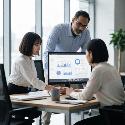 Modern office setting with diverse team collaborating on SEO strategy, looking at charts and graphs on a large screen, no text, no words, no typography, clean image