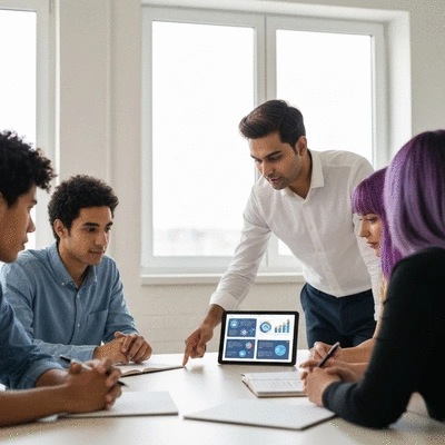 Team collaborating on content strategy, combining AI insights with human creativity